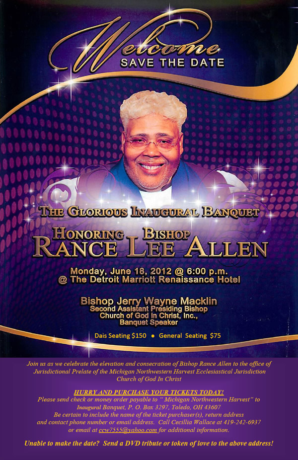 JUN 18: Join Bishop Rance Allen for his Inaugural Banquet @ The Detroit Marriott Renaissance Hotel